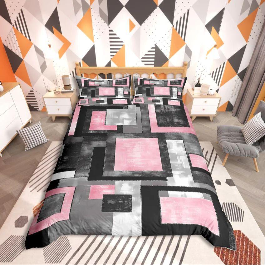 Homewish Geometric Rectangle Stripes Duvet Cover Set,Mid Century for Teens Bedding Set,Abstract Vintage Decor