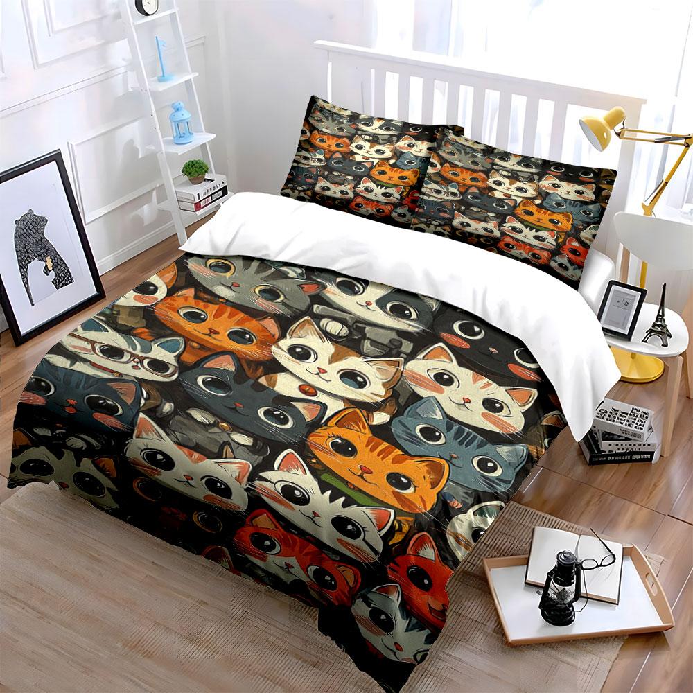 Stylized Cat Faces Pattern. Bedding Sets Duvet Cover Sets Duvet Covers Pillowcases(1 * Duvet Cover 2 * Pillowcases, Without Duvet Insert)