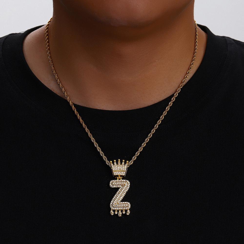 TEMU Hot Selling Fashion Versatile Crown Copper Set with Zircon, 26 English Letter Pendant Necklace, Unisex, Small Market