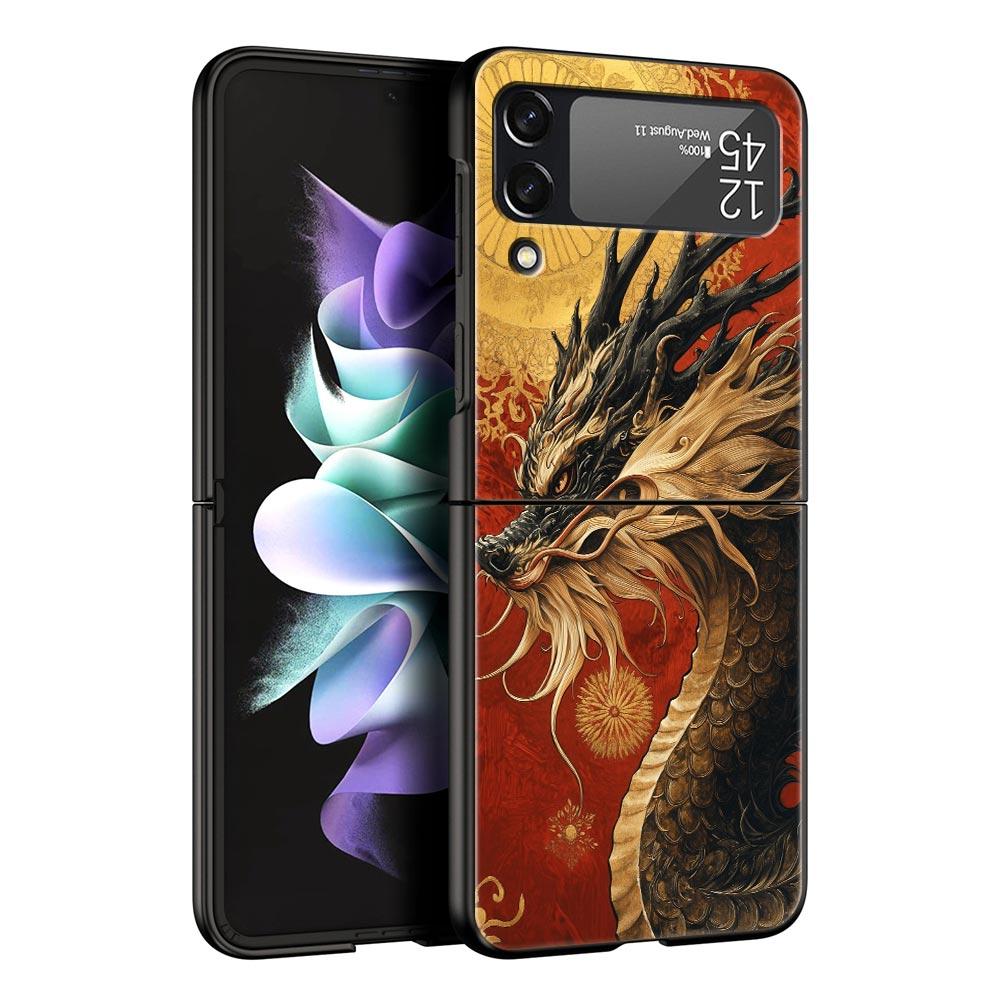 Chinoiserie Loong Flower Dragon Hard PC Phone Case For Samsung Galaxy Z Flip 7 6 5 4 Black Cover For Galaxy Z Flip 3 Foldable