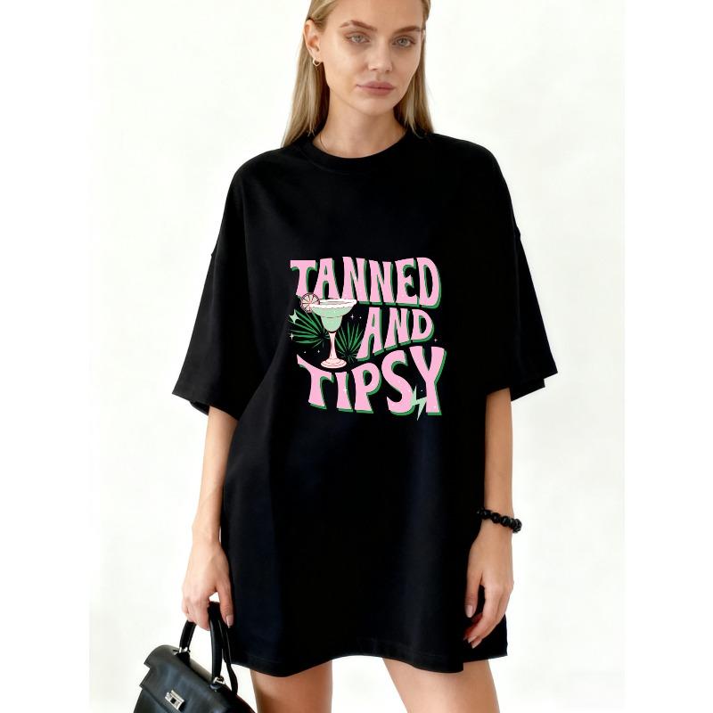 Oversized T Shirt Black Tanned And Tipsy Cocktail Print For Beach Party Summer Outfits