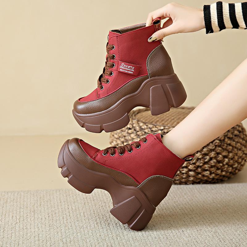 Short boots women's 2025 autumn fashion round head platform lace-up sports style casual shoes wedge heel fashion single shoes