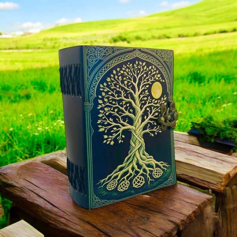 200 Page Large Grimoire Vintage Leather Journal, Tree of Life Fat Journal, Blank Spell Book of Shadows Celestial Gifts For Him Her