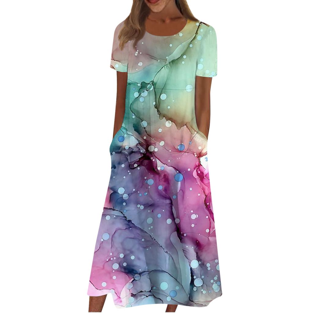 Women's Casual Dresses Printed Dresses Summer Dresses Printed Pleated Round Neck Midi Dresses Basic Classic Outdoor Daily Short Sleeve Loose Dresses