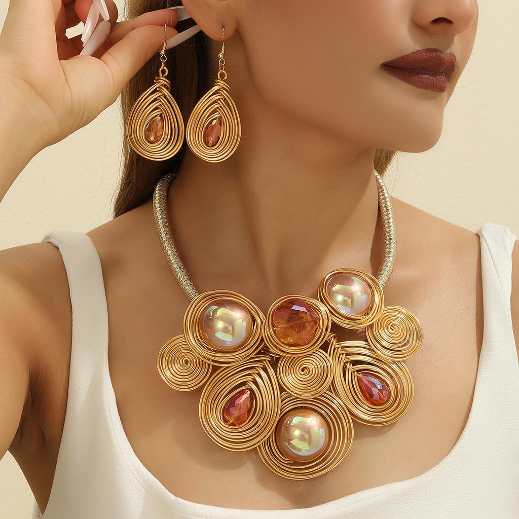 Fashion Luxury Crystal Bead Aluminum Wire Hand Woven Statement Necklace Earrings Jewelry Set For Women Party Dress Accessories