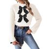 Womens Cropped Knit Sweater Bow Patch Flared Sleeve Mock Neck Pullover Streetwear