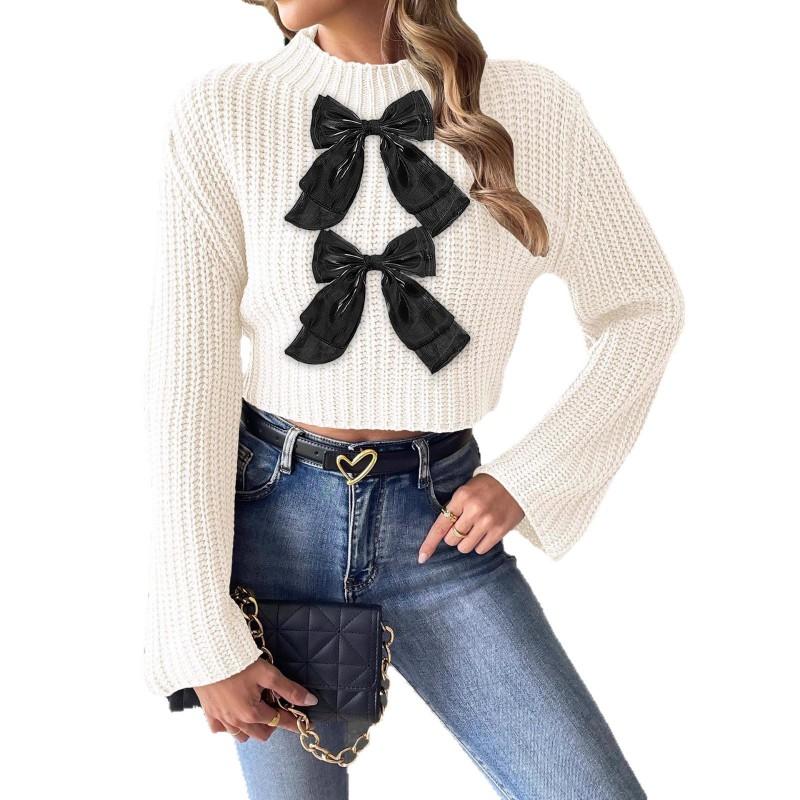 Womens Cropped Knit Sweater Bow Patch Flared Sleeve Mock Neck Pullover Streetwear