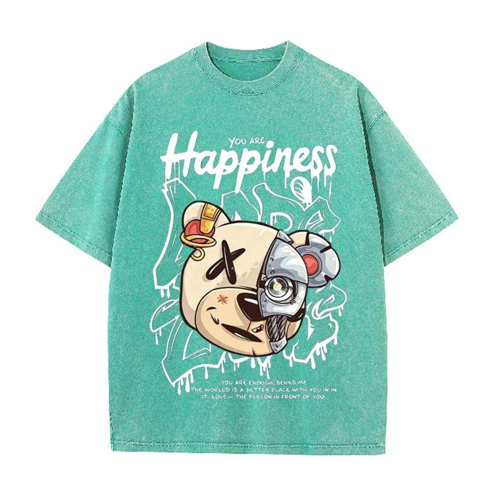 2026 Vintage Washed Beige Mechanical Bear Happiness Letter Graphic T Shirt Street Graffiti Print Oversized Casual Short Sleeve T