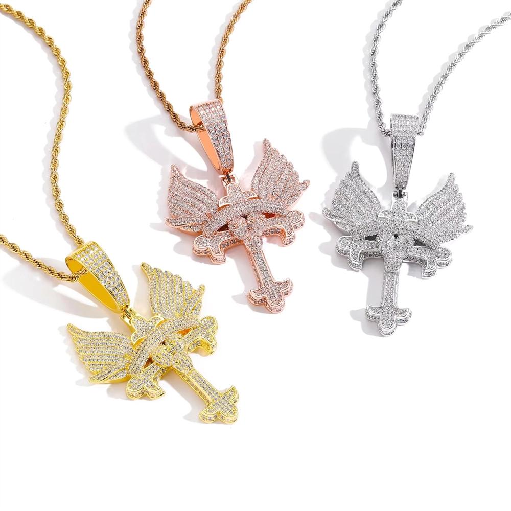 Sparkling Iced Out CZ Wing Pendant Bling Chain Necklace Men Hip Hop Solid Retro Design Luxury Statement Fashion Jewelry