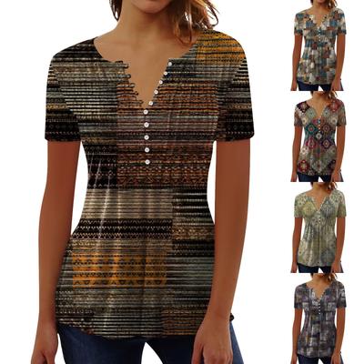Chemise Femme Chemisier Bouton Imprimé Rétro Manches Courtes Décontracté Basique Col Rond Haut Régulier