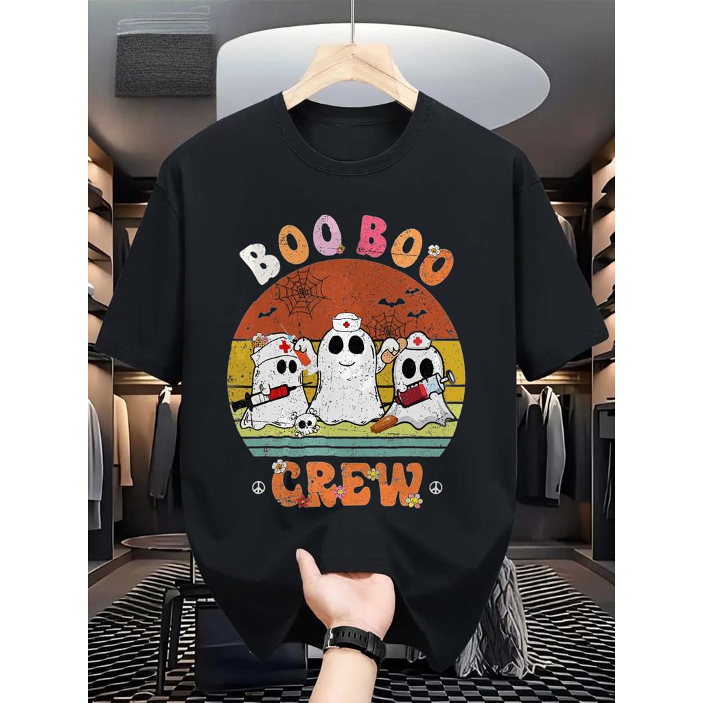 SoftWhimsy Halloween Unisex Short Sleeved Top with Horror Pumpkin Print Retro Street Style T-shirt