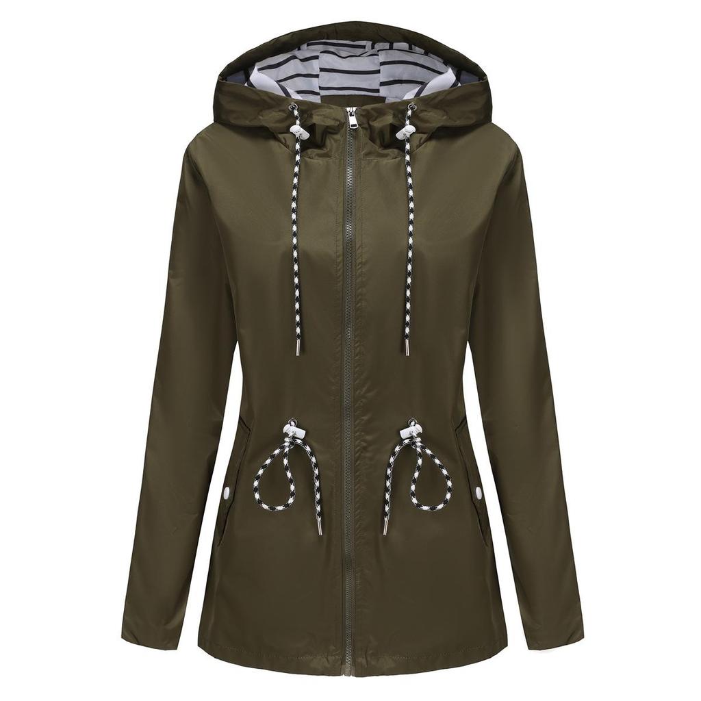 Long-sleeved Splash-proof Long Windbreaker for Women with Hood and Stripes Plus Size