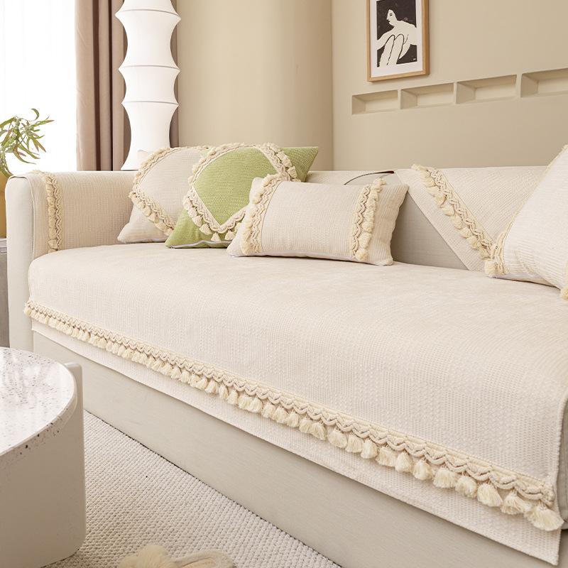 Solid Color Sofa Protector White Knitting Tassels Sofa Cover For Living Room Slipcovers Home 1/2/3/4 Seat Couch Cover Cushion