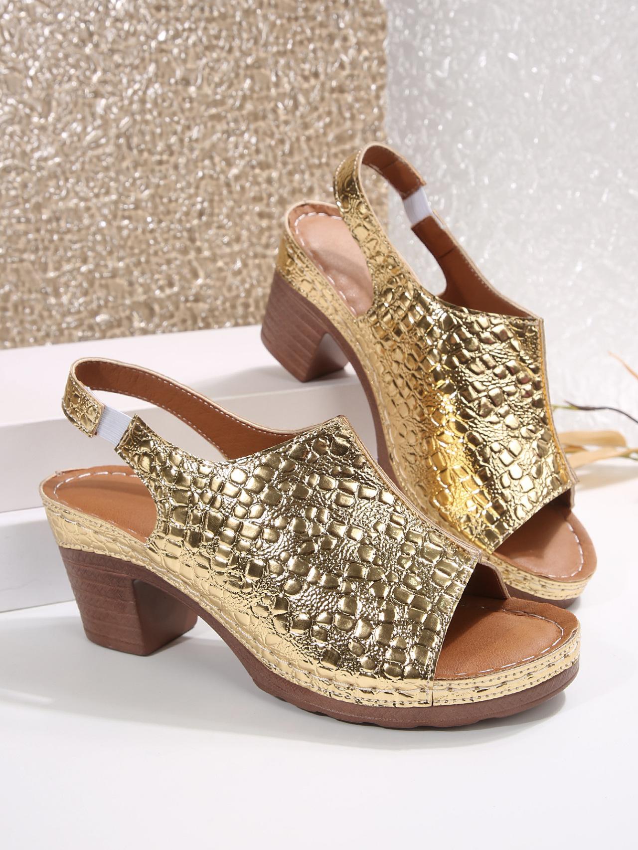 

Fashion New fashionable thick-soled fish-mouth sewn European and American women s slippers with crocodile pattern 36 золотой