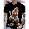 Men's Funny Rooster Print T-Shirt Coffee Chicken Cartoon Crew Neck Short Sleeve Novelty Top