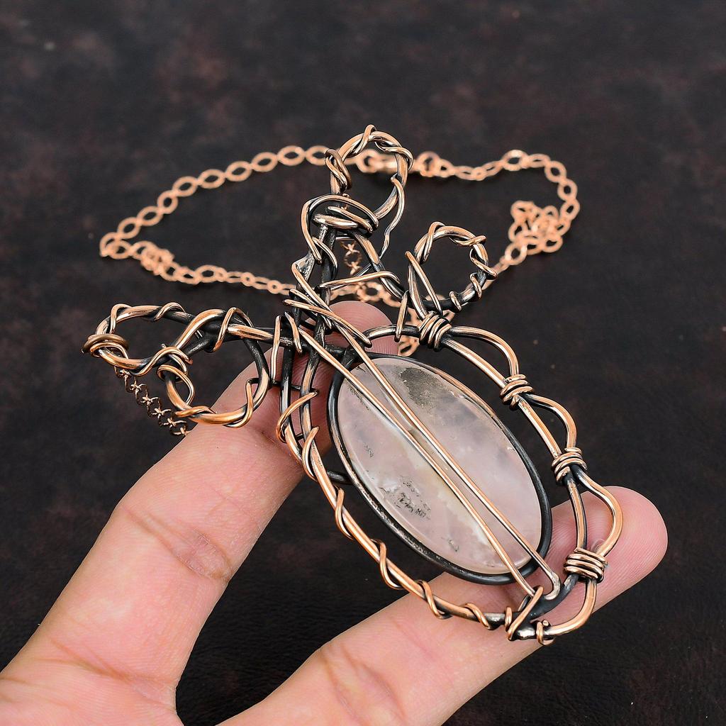 Rose Quartz Necklace Copper Wire Wrapped Jewelry Gemstone Necklace Handmade Adjustable Necklace Copper Wire Wrapping Necklace Gifts For Mom