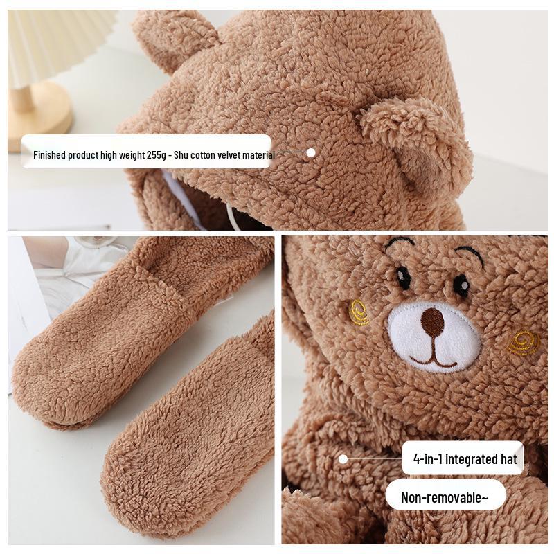 Korean-Style Cute Bear Plush Hat & Scarf Set for Women - Cozy Autumn/Winter Wear