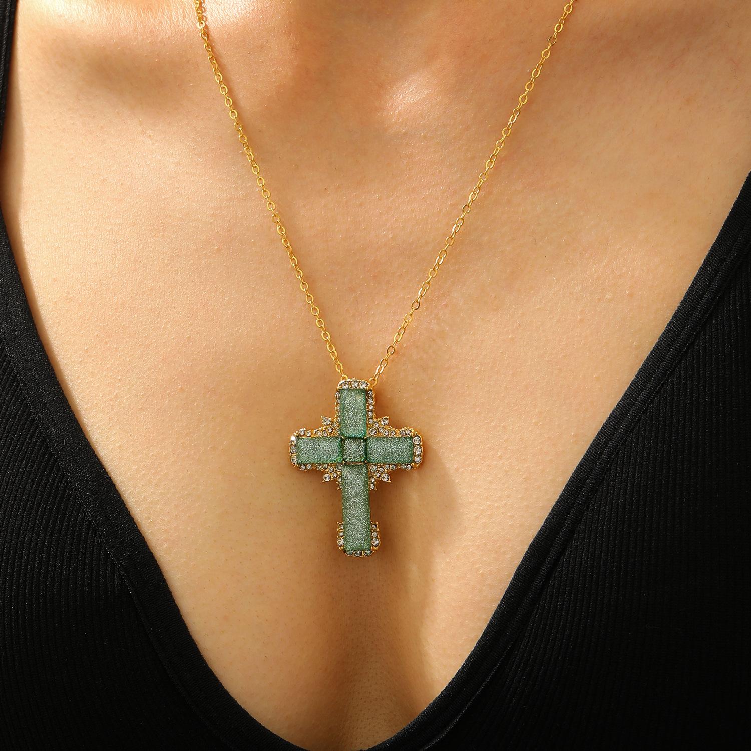 Green Stone Cross Pendant Necklace with Sparkling Accents Elegant Religious Jewelry for Women