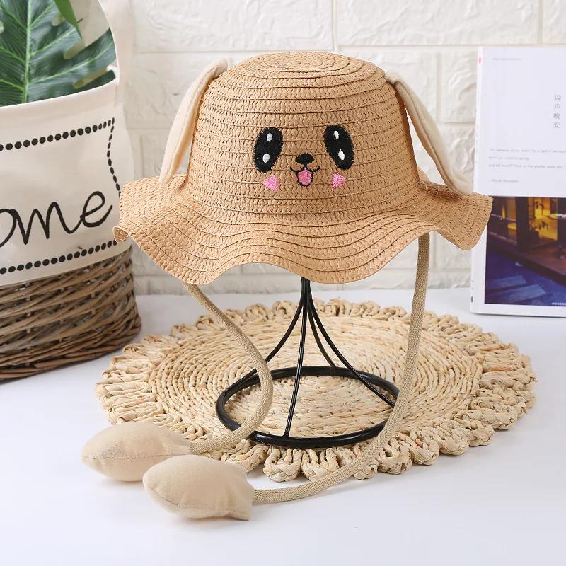 Kids Anti-UV Straw Sun Hat with Moving Rabbit Ear Cute Bunny Fisherman Hat Summer Beach Cap Wide Brim Sun Hat for Girls Boys