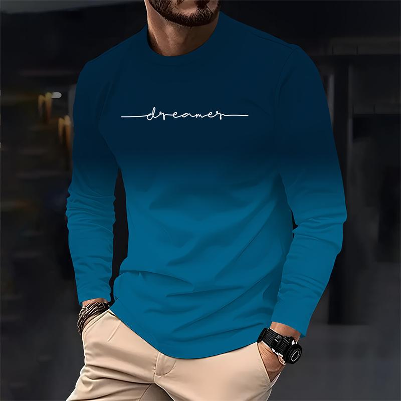 

Men s gradient letter print casual long sleeve T-shirt Simple fashion loose T-shirt youth comfortable crewneck top 4XL