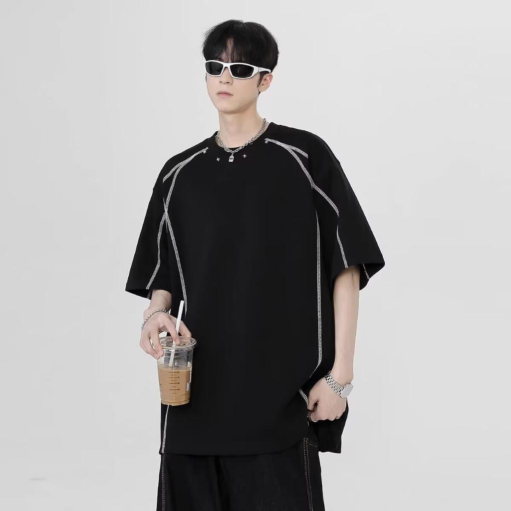 Summer High Street Heavy Padded Shoulder Short Sleeve T Men's Shirt Niche Color-Block Line Design Sense Internet Celebrity Cool Small Collar T