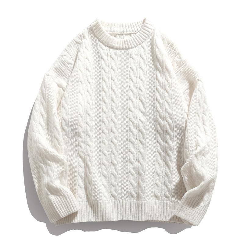 Unisex Japanese Retro Cable Knit Sweater, Round Neck, Loose Fit, Casual Autumn Style