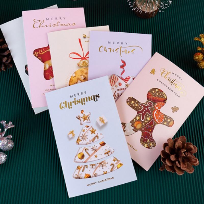 6pcsChristmas Gold Foil Greeting Card Christmas Gift Cartoon Bell Christmas Tree Reindeer Star Gingerbread Man Blessing Hollow S