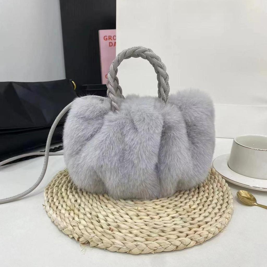 Handheld Fluffy Pumpkin Pleated Cloud Crossbody Bag - Faux Rabbit Fur Plush