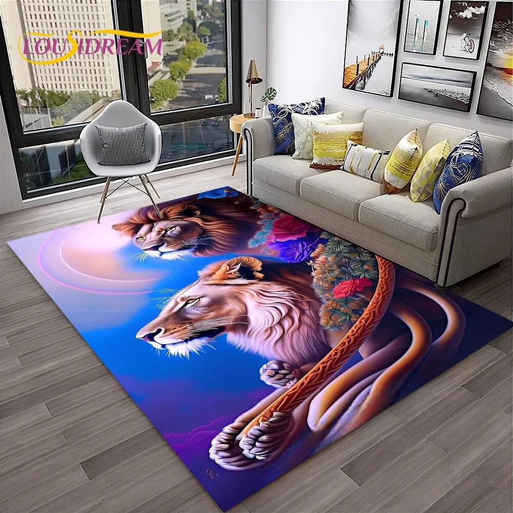 Cartoon Lion Animals Dream 3D Carpet Rug for Home Living Room Bedroom Sofa Doormat Decor,Kid Play Area Rug Non-slip Floor Mat