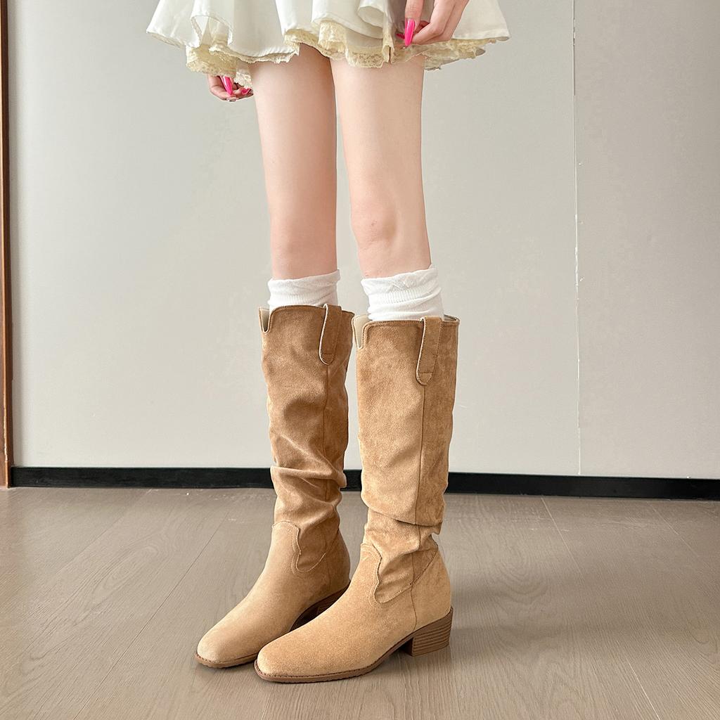 [New Products In Autumn and Winter] Pleated Stacking Boots Thick Heel V-mouth Thin and Versatile Medium Tube American Retro Western Cowboy Boots