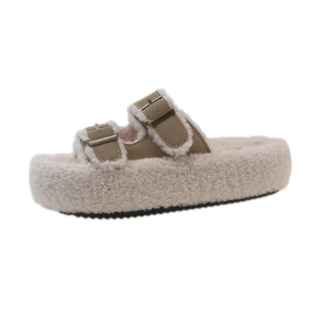 

Large size thick bottom one-word fleece thickened lamb wool slippers comfortable and warm double buckle open-toed cotton slippers 35
