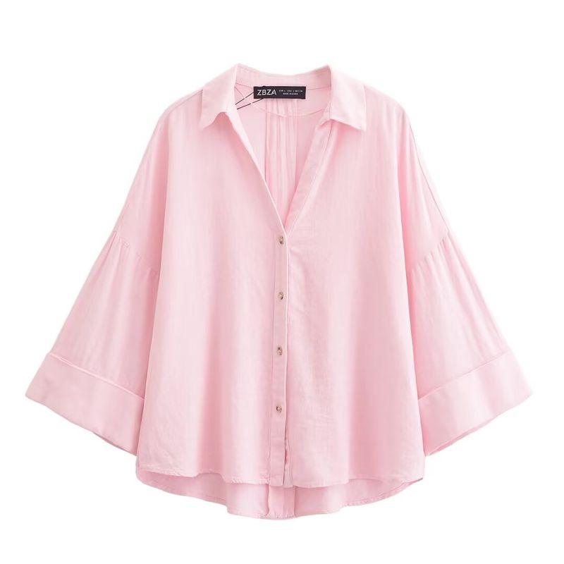 Kaslead New Arrival Women's Clothing Fashion Style Fashion Blended Linen Wide Sleeve V-neck Shirt 8741854