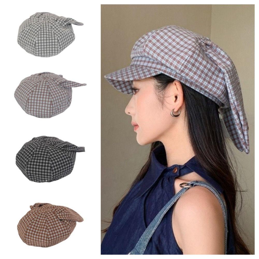 Korean Style Rabbit Ears Octagonal Hat Big Head Circumference Spring Painter Cap Plaid Beret  Girls