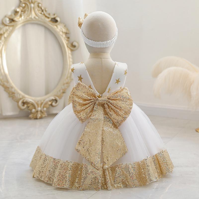 12M-6 Years Kids Girl Toddler Baby Sleeveless Stars Sequins Bow Knot Skirt Princess Dresses Summer Spring Autumn Children Tutu Christmas Ball Gown