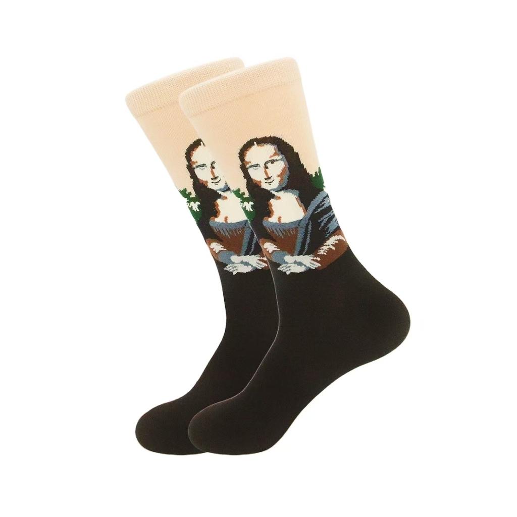1 pair of European and American trendy socks with personalized street fashion oil painting series socks