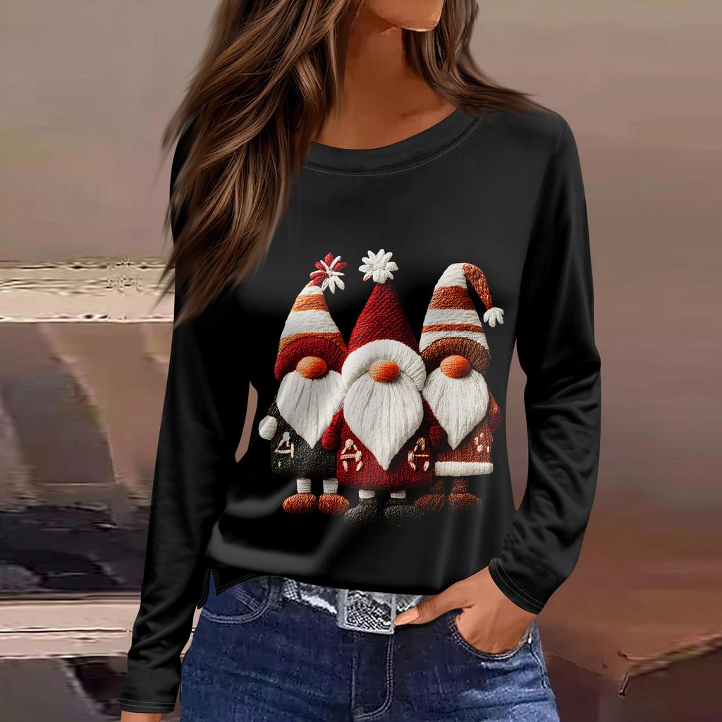 Damenmode Lässig Schlitz Saum Rundhals Langarm Lose Bedrucktes T-Shirt Damen Top