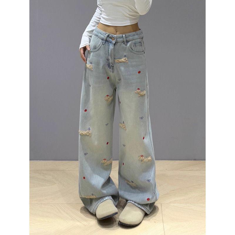 Women's High-Waisted Retro Dachshund Embroidery Wide-Leg Jeans - Slimming, Warm, Plus Velvet, Early Winter Style