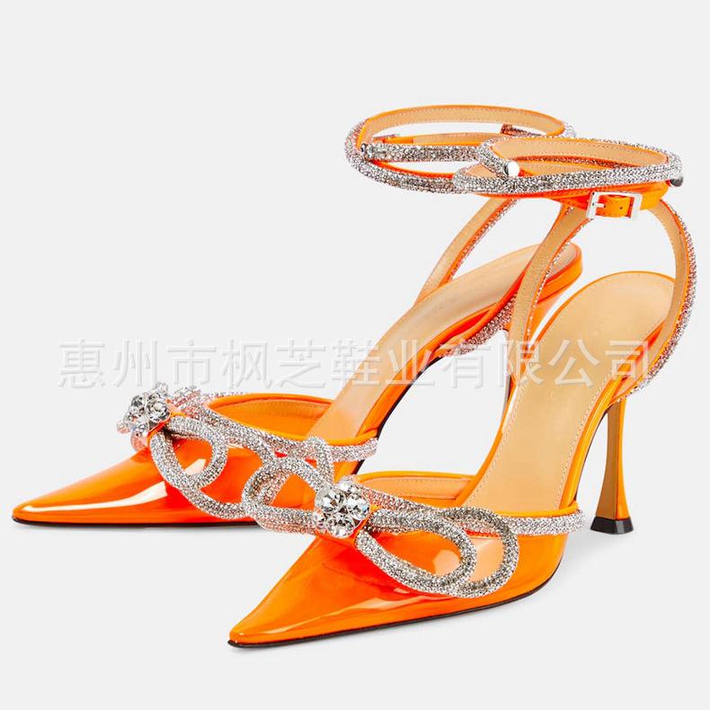 European and American bow rhinestone high-heeled sandals transparent pointed thin heel bag head high-heeled shoes fashionable and versatile customizat
