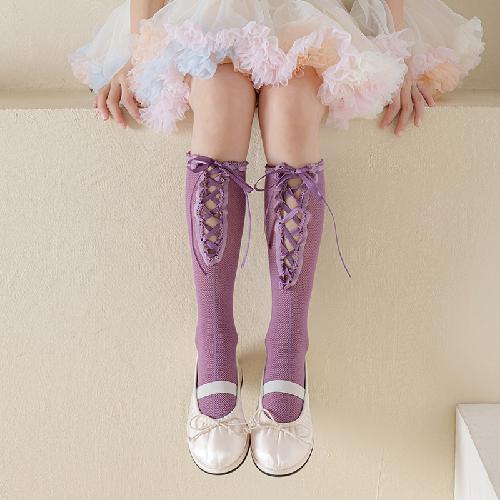 Girls Spring and Summer Lace Calf Socks Lolita Lace-up Bow Pink Girl Baby Pile Socks