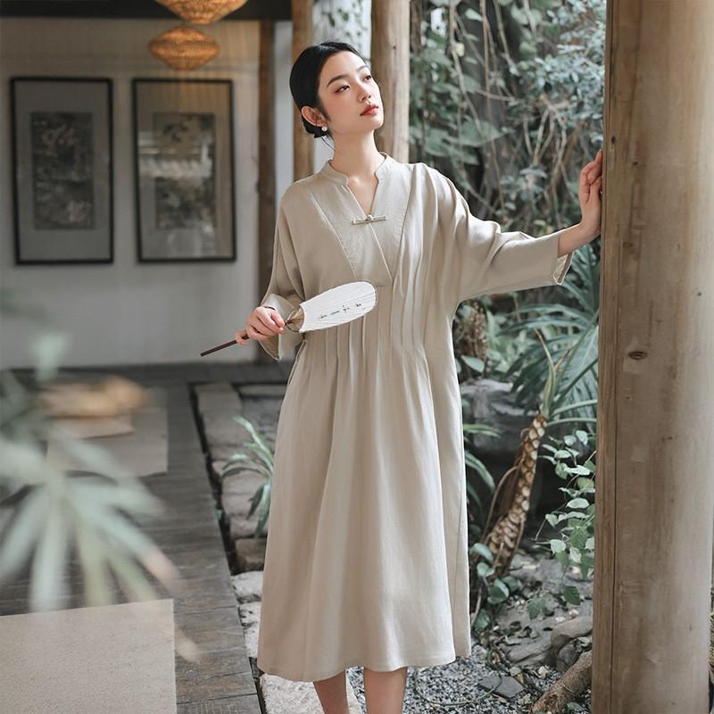 Johnature Women Vintage Dresses Stand Long Sleeve Spring Cloths Solid Color Fold Button A-Line Dresses
