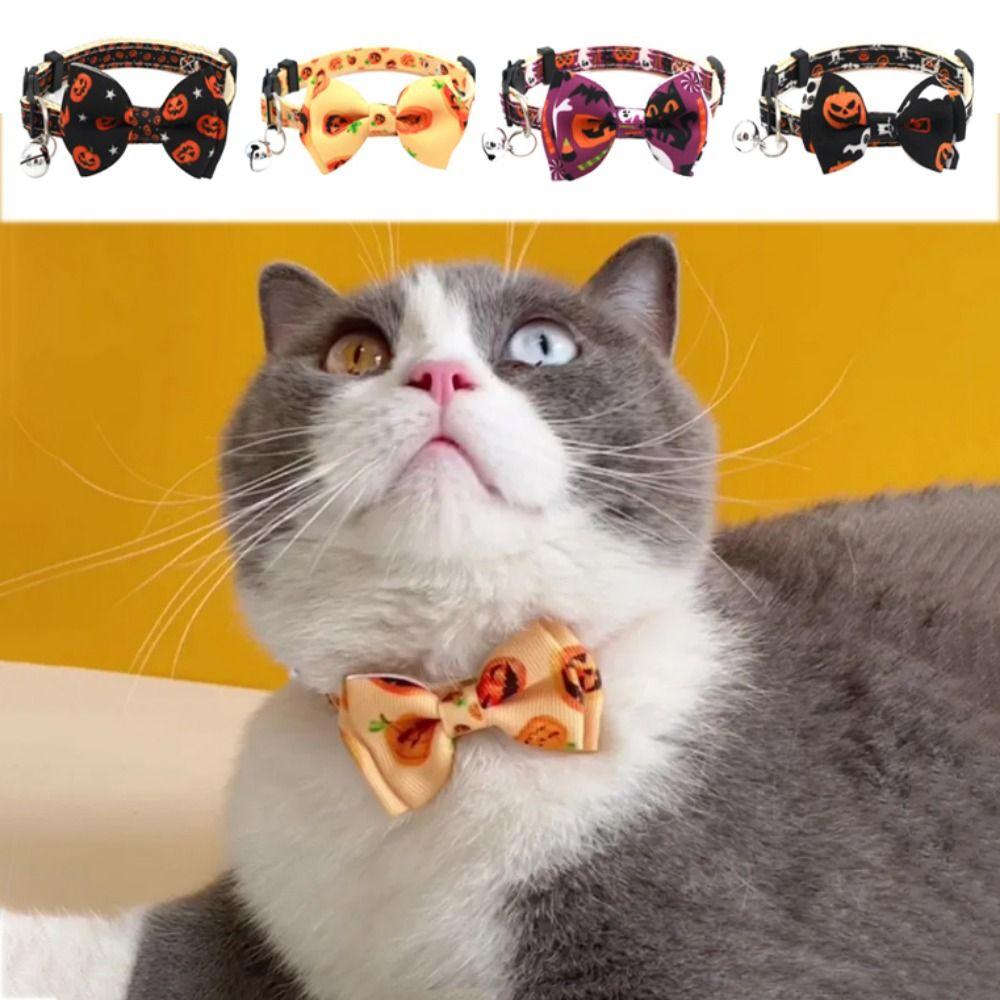 With Bell Kitten Pumpkin Necklace Adjustable Cat Pumpkin Bow Tie Halloween Cat Collar  Halloween