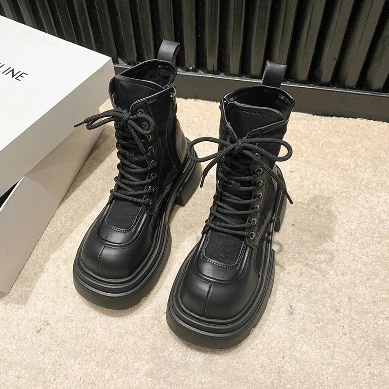 Fashion 2024 New Internet Famous Lace Up Fashion Boots for Women Round Toe Side Zipper Thick Soled Casual Knight Boots Plus Size 40