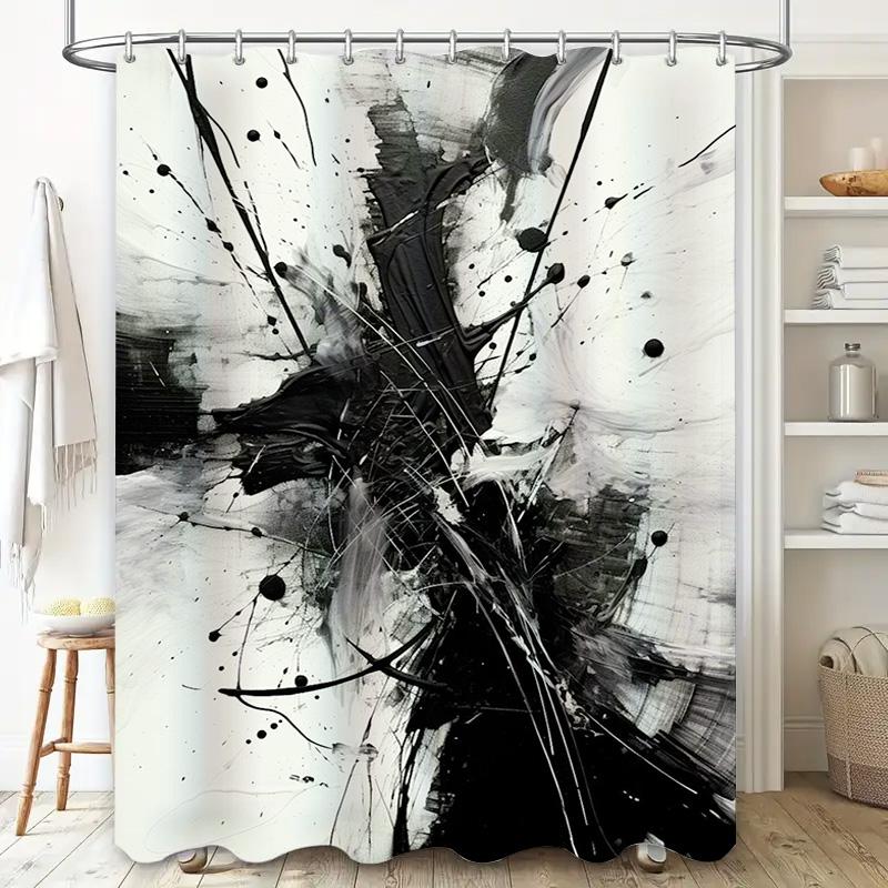Set Tenda Doccia Bagno Astratta Moderna Bianco e Nero Senza Cornice Tasca per Asta in Plastica Impermeabile Stampa Decorativa Casa Bagno