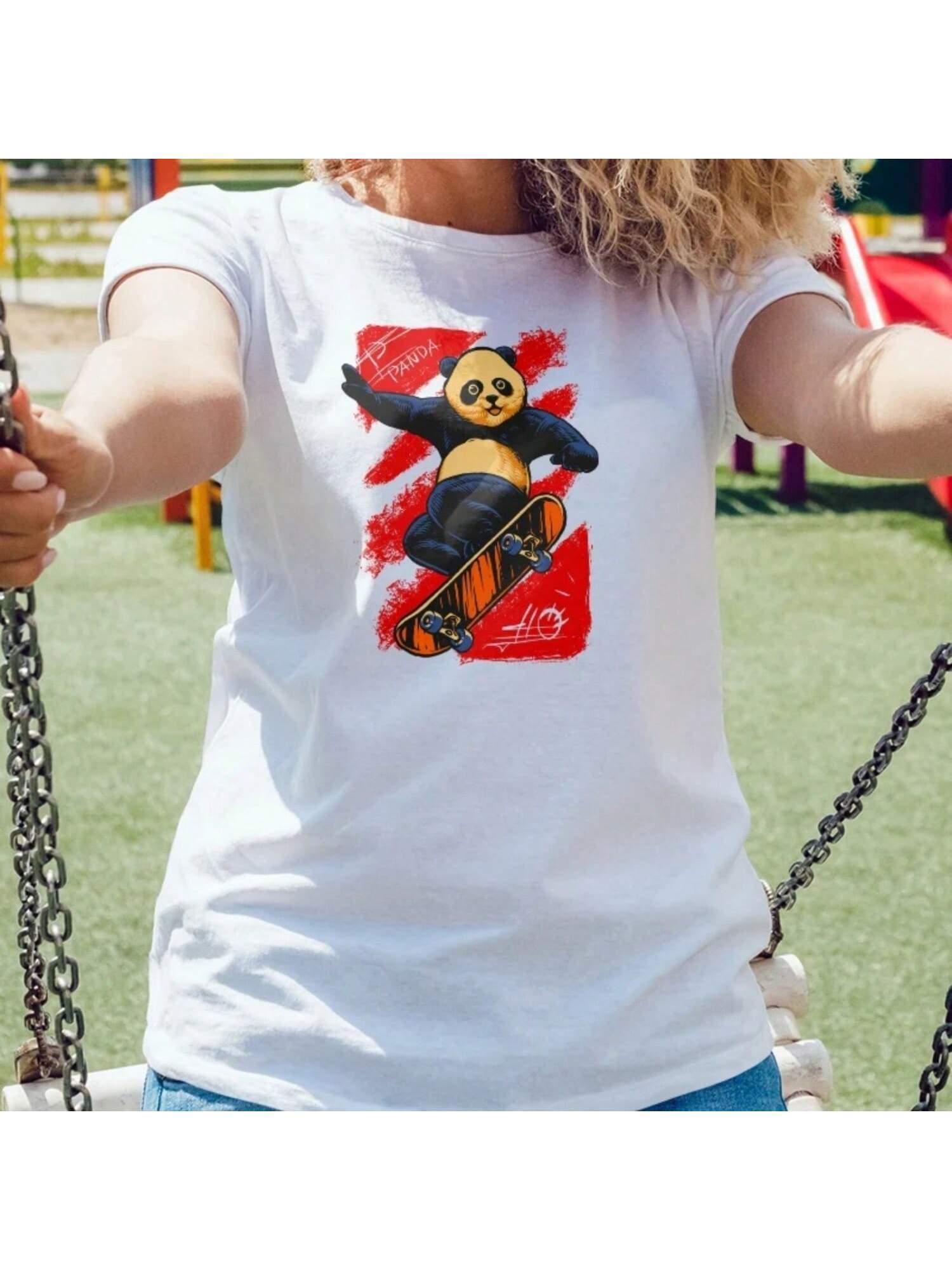 Casual White Panda Snowboard Print Spring Summer 2025 New Fashion Women T Shirt S разноцветный