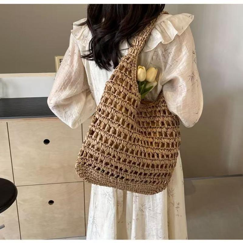 Versatile One-shoulder Straw Woven Bag, New Handmade Hollow Woven Bag, Tote Bag, Large-capacity Bag, Women's Portable Beach Bag.