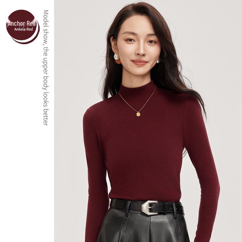 Women's Korean Style Wool Tencel Lyocell Base Layer Top with Semi-High Neck and Long Sleeves - Mia Biya Warm Underwear