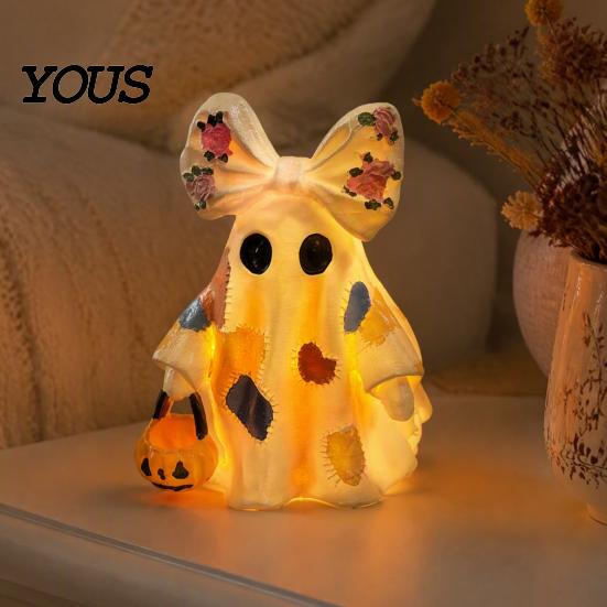 Decorative Ghost Couple Set Halloween Patchwork Ornament, Hanging Pumpkin Lantern Resin Vintage Creative Holiday House Decor Figures for