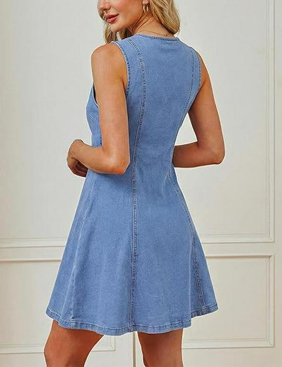 Women's 2026 European & American Slim Fit Washed Denim Sleeveless Button Dress with Pockets