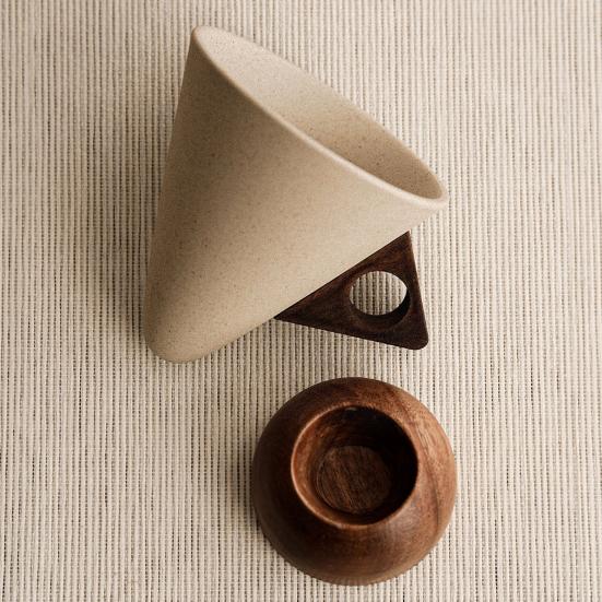 Yousheng Ceramic Coffee Mug with Wooden Handle Unique Cone Shape Cup for Home Office Cafe Handmade Stoneware Cup for Tea Latte Juice
