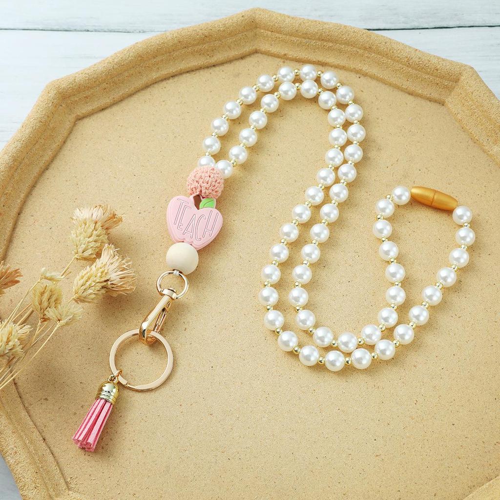 Heart Tassel Silicone & Wooden Bead Keychain Lanyard Necklace
